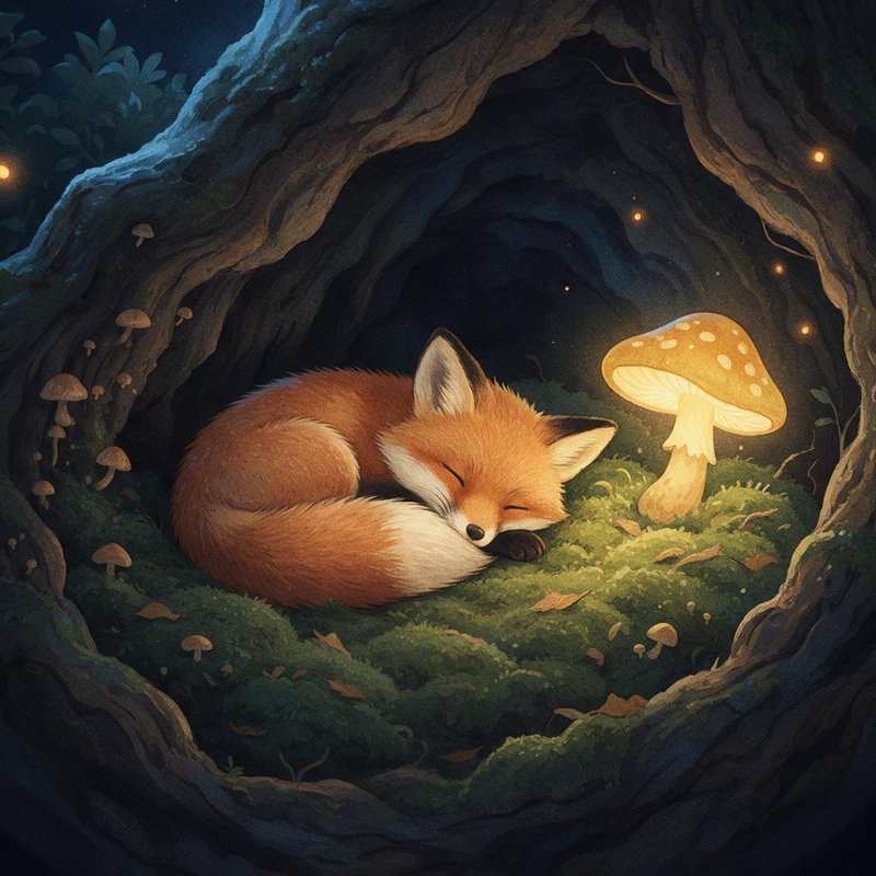 Ember, The Sleeping Grove’s sleeping red fox, nestled in a mossy tree hollow